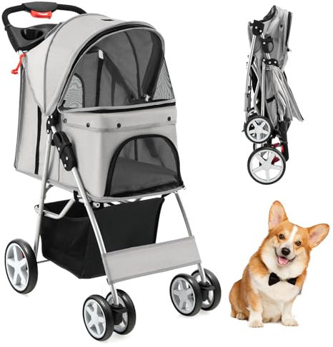 COSTWAY Hundewagen Haustiere Buggy, bis 15 kg, Hundebuggy mit Netzfenstern & Getränkehalter & Korb & Sonnenschutz, Faltbarer Katzenwagen, Katzenbuggy für kleine Hunde Katzen (Grau)