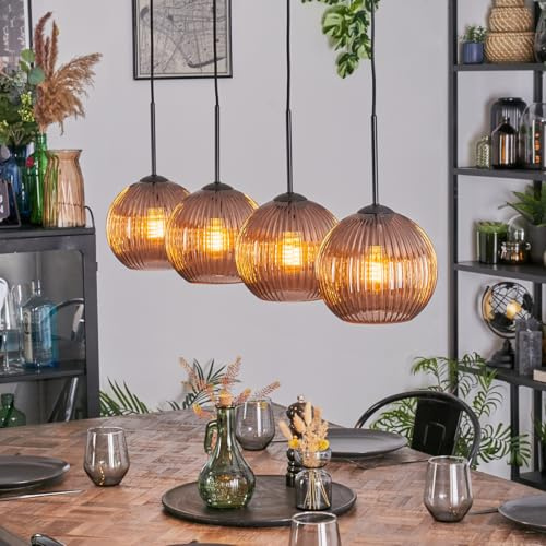HOFSTEIN Hängeleuchte Koyoto, 4-flammige Hängelampe aus Metall/Riffelglas in Schwarz/Kupfer, moderne Pendelleuchte im Retro/Vintage-Design (Schirme Ø 15 cm), E27, Esszimmer, Küche, Wohnzimmer