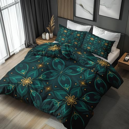 Generisch Bettwäsche 135x200 Marokkanische Design, 2teilig - Vintage Grün Blumen Boho Bettbezug und 1 Kissenbezug 80x80, Wendebettwäsche, Schlafzimmer Deko, Mikrofaser, mit Reißverschluss 1sQB