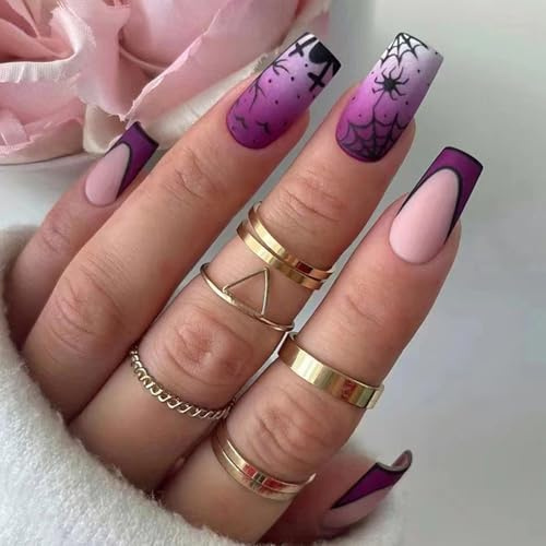 Purple Matte French Tip False Nails Medium - 24PCS Halloween Press On Nails Square with Spider Design - Cute Handmade Coffin Fake Nails with Glue - Artificial Nail Set for Women Girls