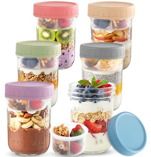 Otauoaea 6 Overnight Oats Jar 470ml Pot de Yaourt avec Couvercle, Bocal en Verre Hermétique avec Couche de Séparation, Meal Prep Containers Verre, Pot de Salade pour Overnight Oats, Puddings, Yaourt