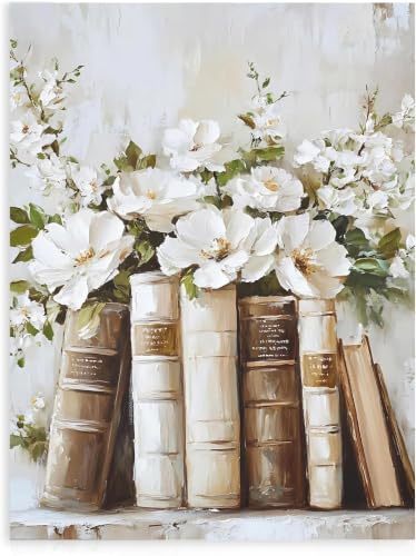 Dazzlewall Blüten und Bücher Wandbilder, Vintage Ästhetik Bibliothek Ölgemälde Leinwandkunst für Studienzimmer Schlafzimmer Wohnzimmer Leseraum Ohne Rahmen 30x40 cm