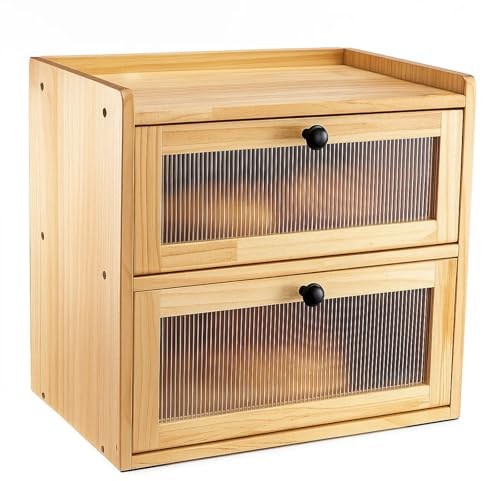 SUNNYNEST Wooden Bread Bin Double Layer – Large Bread Storage Box with Acrylic Front Door, Ventilated Solid Pine Bread Box for Kitchen Countertop, Vintage Food Storage Cabinet 36.5x24x34cm (Yellow)
