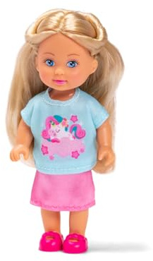 Simba Evi Love Unicorn Fashion – Evi Puppe mit Einhorn-Outfit, inkl. Rock, T-Shirt und Haarreif mit bunten Strähnen, 12 cm groß, fantasievolles Modepuppenset ab 3 Jahren