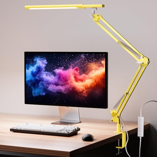 VERSKI Schreibtischlampe für das Heimbüro, Schreibtischlampe Klemmbar, Architektenleuchte mit QC3.0 Adapter, Fresnel Linse, Tischlampe, 5 Farbmodi und Helligkeit, Klemmlampe mit Speicherfunktion, Gelb