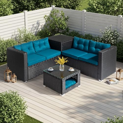 Bonnlo 4 Seater Rattan Garden Furniture Sets with Storage Box, Glass Top Coffee Table with Cat Bed, Modular Patio Furniture Set for Garden Patio (Black Rattan+Teal Cushion)