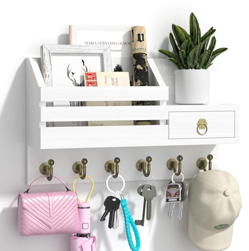 Holz Schlüsselbrett mit Ablage Schlüsselhalter Wand Schlüsselablage Weiß | mit Haken Schlüssel Organizer mit Regal Schlüsselregal Schlüsselboard mit tablett Schlüsselkasten Schlüsselanhänger Organizer