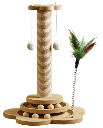 Cat Scratching Post with Solid Wood Base, 18.1 in Sisal Wrapped Scratcher for Indoor Cats, Includes 3-Tier Rolling Ball Toy and Feather Teaser, Interactive Furniture Protector for Play and Rest