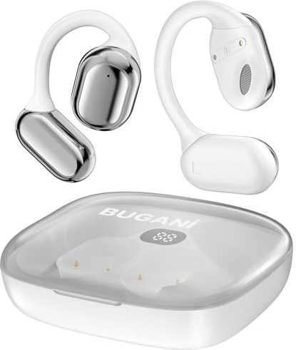 BUGANI Open Ear Headphones, Wireless Earbuds with Bluetooth 5.4 | Open Ear Earbuds for Running, IPX5 Waterproof Lightweight Headphones for Gym, Workout, Fitness (White)