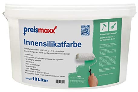 preismaxx Innensilikatfarbe - Wandfarbe auf Silikatbasis matt weiß, 10 Liter, allergikerfreundlich, ohne Zusatz von Konservierungsmitteln