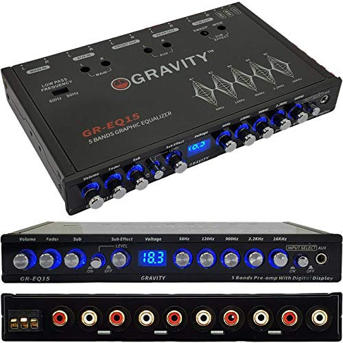 Gravity EQ15 1/2 Din Cinco bandas de ecualización de audio para coche, ecualizador frontal, trasero + control de volumen maestro con hasta 9 voltios RMS de salida/tres salidas RCA estéreo