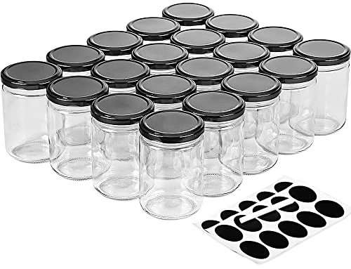 Ritayedet Tarros de cristal para velas con tapa, tarros de vidrio pequeños de boca ancha de 12 onzas, tarros de conservas con calcomanías extra negras, juego de 20, aptos para lavavajillas
