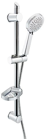 ENKI, ES020 Duschgleiter mit Duschstange, mit verstellbarem Schieber, Duschkopf mit 3 Einstellungen, Seifenschale, Schlauch, langlebiges Chrom-Finish