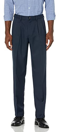 Amazon Essentials Pantalon Habillé à Pinces à Taille Ajustable Coupe Classique Homme, Bleu Marine, 42W / 29L