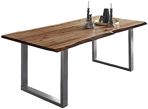 SAM Baumkantentisch 180x90 cm Mephisto, Akazienholz massiv + nussbaumfarben lackiert, Esstisch mit Silber lackiertem U-Gestell, Esszimmertisch/Holztisch, Tischplatte 26 mm