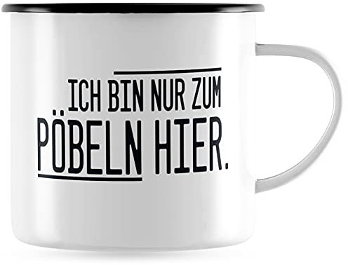 JUNIWORDS Emaille-Tasse, Ich Bin nur zum Pöbeln Hier, Schwarzer Tassenrand