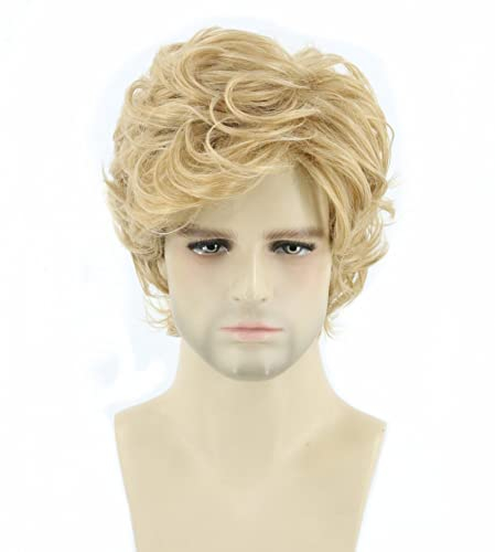 Topcosplay Hellbraun Perücke Kurz, Lockige Perücke Herren, Natürlich Perrücke Layered für Halloween Cosplay Karneval täglichen Tragen (Blond)