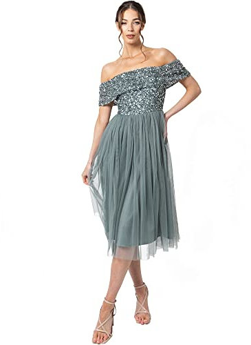 Maya Deluxe Women's Ladies Bardot Dresses Midi High Empire Waist Sequins Embellished Formal Evening for Wedding Guest Bridesmaid, Misty Green, 12