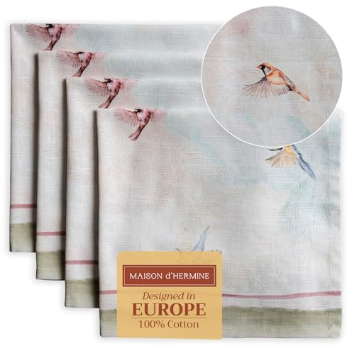 Maison d' Hermine Cloth Napkins Set of 4 Reusable 100% Cotton (45 CMx45 CM) | Everyday Square Napkins Cloth Washable Dinner Party Wedding Restaurant Hotel Kitchen Spring Summer - Flying Birds