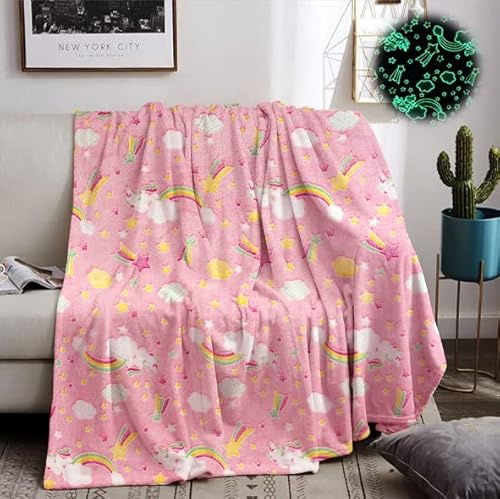 HZVRTN Kuscheldecke Kinder Einhorn/Dinosaurier/Weltraum Decke, kuscheldecke leuchtet im Dunkeln, warme Decke Flauschige Geschenke für Jungs mädchen Sofa Kinderdecke (Einhorn D, 130x150cm)