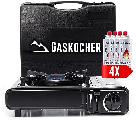 TruWare Camping Gaskocher mit Gaskartuschen 1-flammiger Kocher mit Koffer ideal für Camping, Outdoor & Notfälle Campingkocher mit 4 Kartuschen