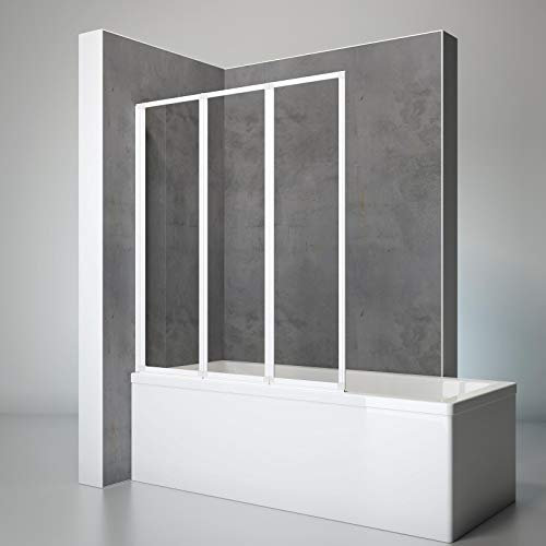 Schulte pare-baignoire 127 x 140 cm, profilé blanc, 3 volets pivotants (47+40+40), écran mobile réversible rabattable, 180° contre le mur, verre de sécurité 3 mm transparent, joint d'étanchéité