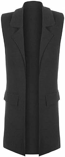 LUXFAB Ladies Front Open Sleeveless Long Duster Coat Waistcoat Blazer Womens Sleeveless Open Front Long Waistcoat Stylish Crepe Pocket Jacket Coat Plus Size UK Size 8-26