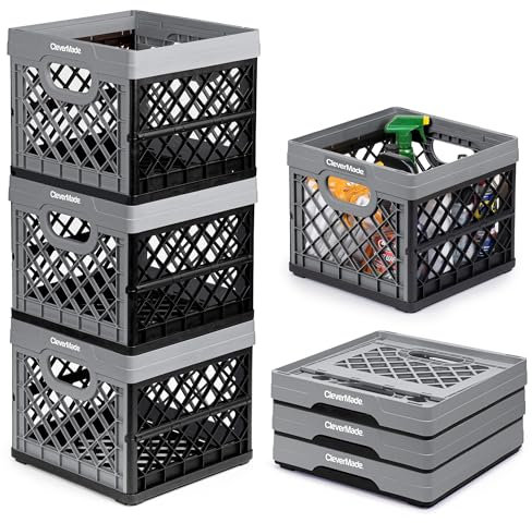 CleverMade Collapsible Milk Crate 25L (6.6 Gal) 3 Pack, 50 lb Capacity Heavy Duty Folding Crate – Stackable Storage Crates with File Rails, Plastic Collapsible Crates - Stone