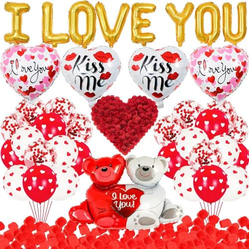 Wonlonda Valentine's Day Balloon Decorations, Heart Balloons with 1000PCS Rose Petals Love Heart Foil Balloon Decoration Love-Bear for Engagement, Anniversary, Wedding Party, Proposal, Confession