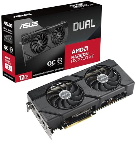 ASUS DUAL AMD Radeon RX 7700 XT OC Edition Scheda Grafica 12 GB GDDR6, 192 Bit, PCIe 4.0, HDMI, DisplayPort, Nero, DUAL-RX7700XT-O12G