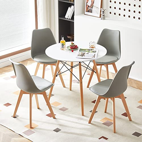 H.J WeDoo Rund Tisch und Stühle Set Esszimmergruppe, Essgruppe Weiß Tisch mit 4 Grau Stühlen für Esszimmer Küche Wohnzimmer