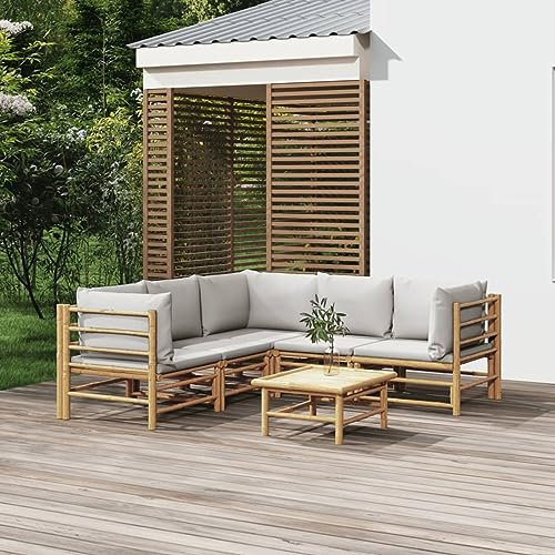 Rantry Juego de salón de jardín de 6 piezas con cojines gris claro bambú, tumbonas para tomar el sol, sofá cama muebles, tumbonas de jardín, tumbona de piscina de exterior piscina 3 x esquina+2 x