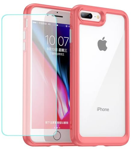Wanyuexes Case for iPhone 7 Plus Case, iPhone 8 Plus Case with Tempered Glass Screen Protector, Anti Yellowing Clear Hard PC Back & Soft TPU Bumper Protective Phone Cover for iPhone 8 Plus Crystal Red