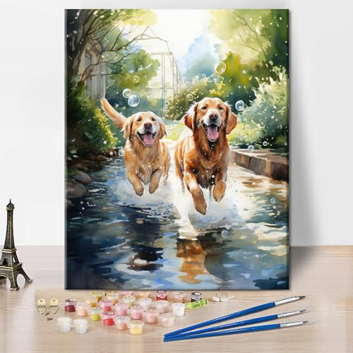 TISHIRON Golden Retriever Dogs Playing in Water Paint by Numbers for Adult | Unframed pre-numbered canvas with acrylic paints and 3 brushes DIY craft beginner cute dog number painting kit adults 16x20