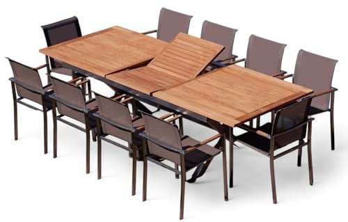 ALEOS. Gartengarnitur Edelstahl Teak Set: Ausziehtisch 200-260x100 cm + 10 stapelbare Sessel Edelstahl Teak Gewebe braun taupe Sitzgruppe A-Grade Teak Holz - Gartenmöbel Set 10 Personen Gastr Qualität