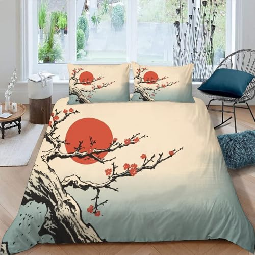 Housse de Couette 140x200 Japon Fleurs De Cerisier Parure de Lit 1 Personne Enfant Fille Garçon Imprimé 3D Housse de Couette Style Japonais Microfibre avec Fermeture Éclair et 2 Taies d'oreiller