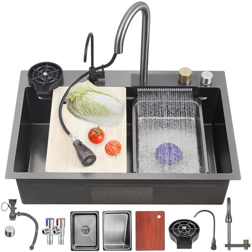 KOOGIMDDR lavello cucina 1 vasca nero Acciaio Inox, 80×45cm lavello a cascata cucina multifunzionale, 13 Pezzi Set lavelli Postazione Di Lavoro, lavandino del bar multifunzionale A Vasca Singola