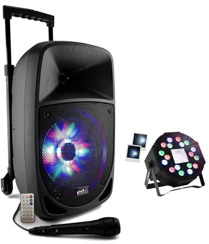 Party Light & Sound - Pack Karaoké PARTY-8LED Enceinte Autonome USB SD FM MP3 Bluetooth 300W - Projecteur 2-en-1Strobe Musique Fête Soirée Cadeau