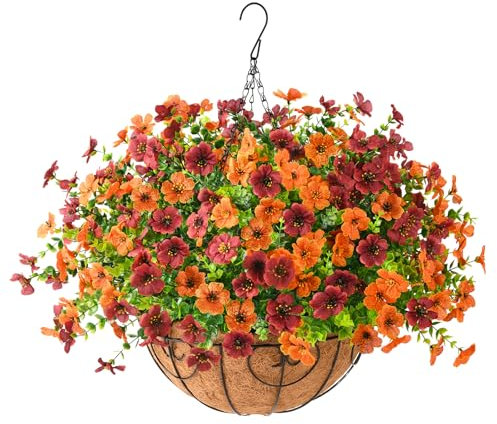 ZFProcess Artificial Fake Hanging Plants Flowers Basket, Faux Silk Daisy in Planter Realistic UV Resistant for Outside Home Patio Balcony Yard Mums Autumn Outdoor Decoration (Orange Brown)