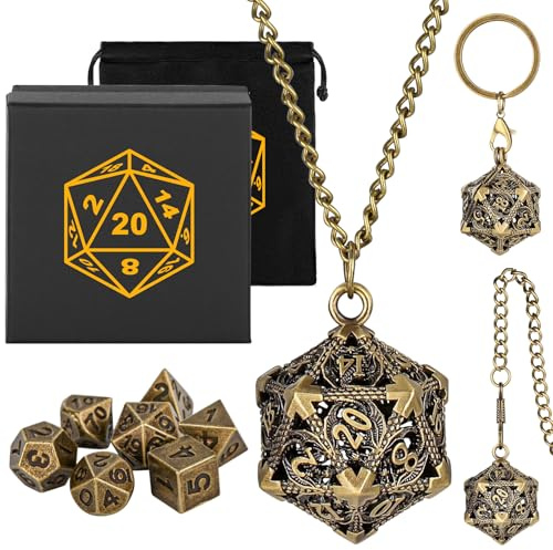 Mini Set di Dadi DND con Portachiavi Portatile, Collana, Catena da Tasca, Gabbia Metallica Vuota D20 Drago, Mini Set Poliédrici in Metallo da 7 Pezzi, Regali D&D con Scatola Regalo, Bronzo