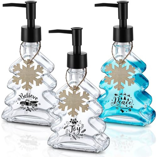 Nuogo 3 Stück Weihnachtsbaum-Seifenspender für Weihnachten, Badezimmer, dekoratives Zubehör, Glas-Seifenspender mit rostfreier Pumpe, Weihnachtsbaum-Form, Badezimmer, Küche, Dekoration für Handseife,