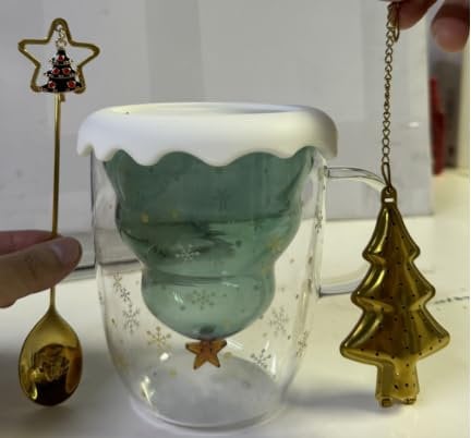 ecooe Doppelwandige Süße Weihnachtsbaum Latte Macchiato Gläser 270ml Kaffeetasse Weihnachten Becher mit Weihnachtsbaum Teesieb Teegläser für Milch, EIS, Weihnachtsgeschenke Geschenke für Frauen Kinder