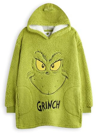 The Grinch Felpa con Cappuccio indossabile per Bambini Grinch | Pullover in Pile con Cappuccio per Bambini in Verde con Volto di Personaggio Grinch e Capelli in Pelliccia | Abbigliamento