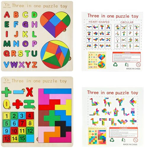 YOUNGSAY 2 STK Montessori Spielzeug, 3 in 1 Tangram Holzpuzzle Kinder, Kreativ Tangram Puzzle mit Ausführliche Anleitung für Kinder ab 3 Jahren Lernspielzeug