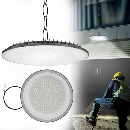 HENGMEI 200W LED UFO Industriebeleuchtung High Bay Light, 10000LM LED Hallenbeleuchtung Industrielampe Ultradünne Lampe Hallenstrahler, IP65 Wasserdichte 6000K-6500K Kaltweiß
