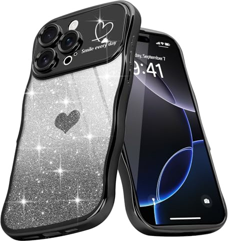 Teageo Cute Heart Pattern Curly Phone Case for iPhone 16 Pro, Wave Frame Glitter Case for Girls Women Aesthetic Bling Cover Shockproof Soft TPU Bumper for iPhone 16 Pro, Black