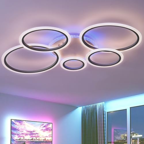 QINGYING 5 Ring Deckenlampe Mit Fernbedienung APP, 100cm RGB Dimmbar Deckenleuchte Mit Memory-Funktion, Moderne Lampe Variable Farbe Mit Timer Für Schlafzimmer, Wohnzimmer, Küche Und Büro，Schwarz