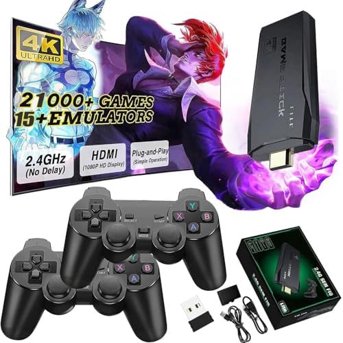 Retro Konsole Spielkonsole Retrolink Game Stick, 21.000+ Spiele Plug & Play Retro Link Stick für TV HDMI mit 2 Wireless Controllern, Spiele Geschenk für Jungen & Erwachsene (Speed Pro+ )