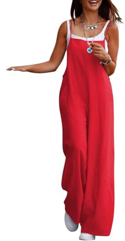 shownicer Salopette Donna Estiva Eleganti Tinta Unita Overall Tuta Pantaloni Casual Oversize Jumpsuit Con Tasche A Rosso M