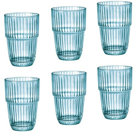 Bormioli Rocco Barshine 12.88 oz. Long Drink Stackable Tempered Drinking Glasses, Set of 6, Ice Blue